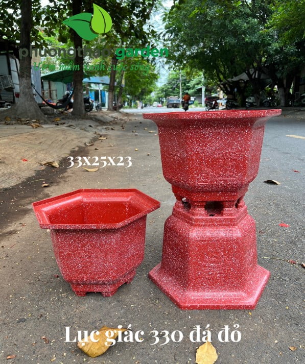 Chậu nhựa lục giác 330 giả đá đỏ