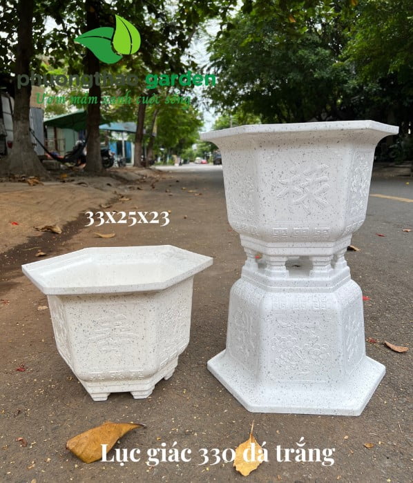 Chậu nhựa lục giác 330 giả đá trắng